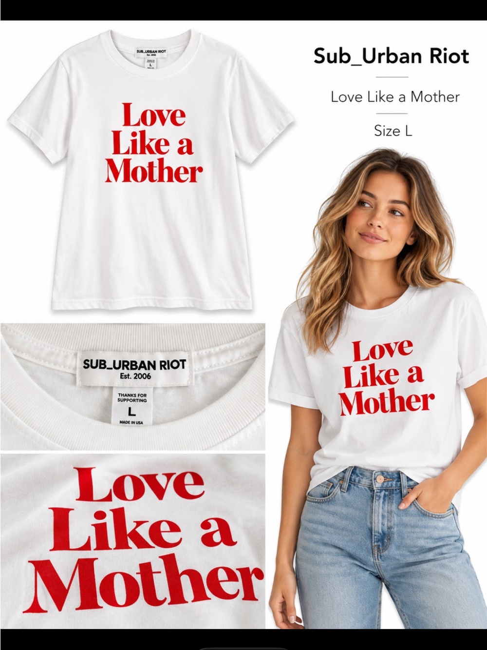 Sub_Urban Riot Love Like a Mother White Red Graphic Tee L NWOT
